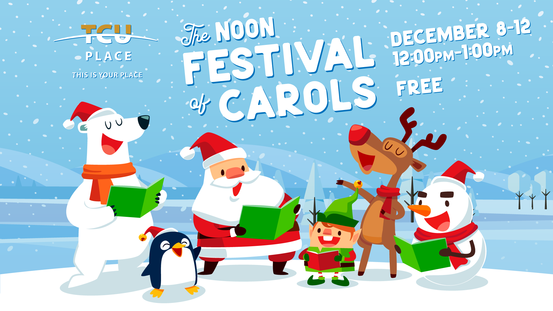 An image of Christmas-themed animals and Santa Claus singing carols. 