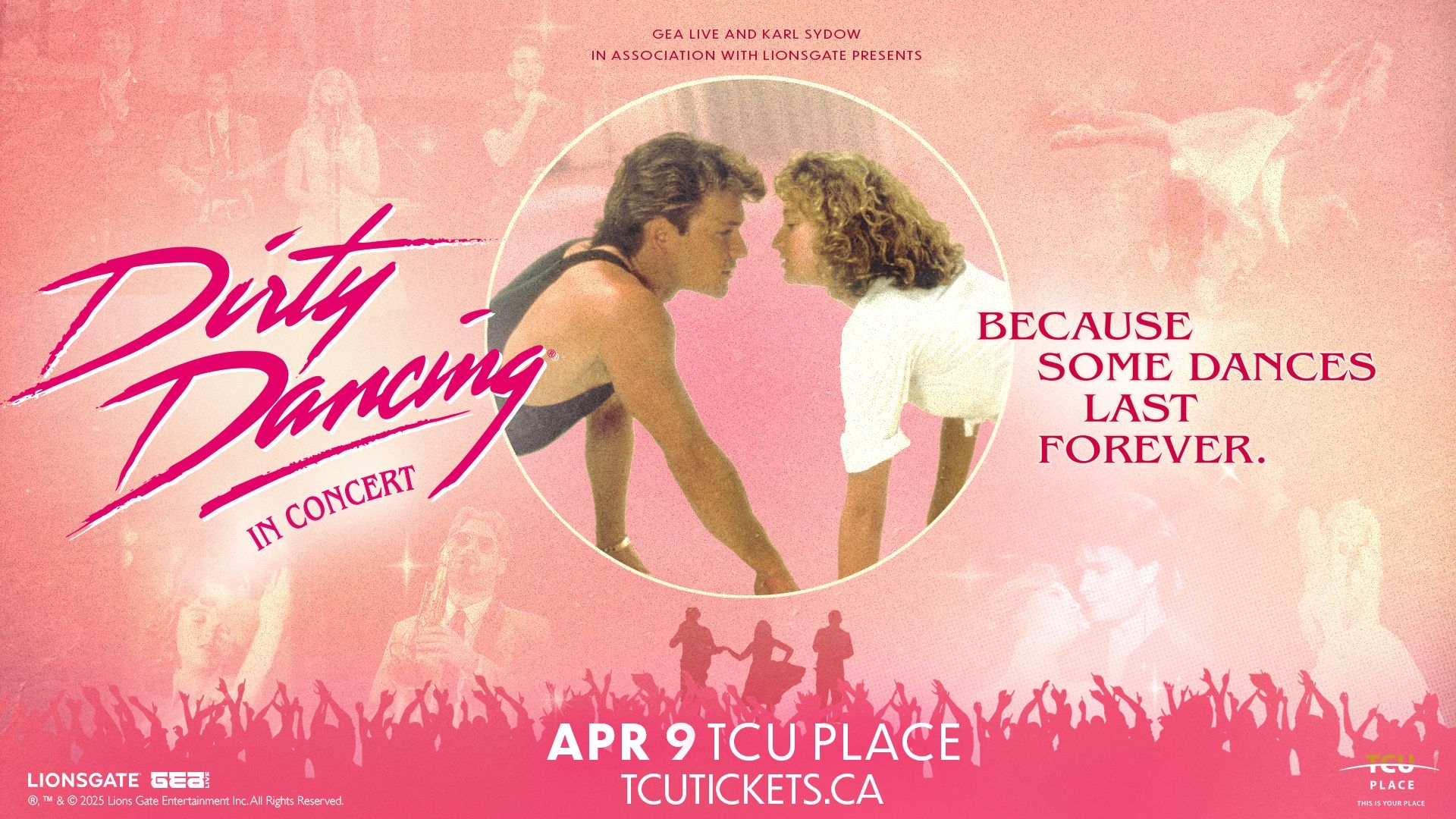 An image of a screen capture from the movie Dirty Dancing on a pink background. 