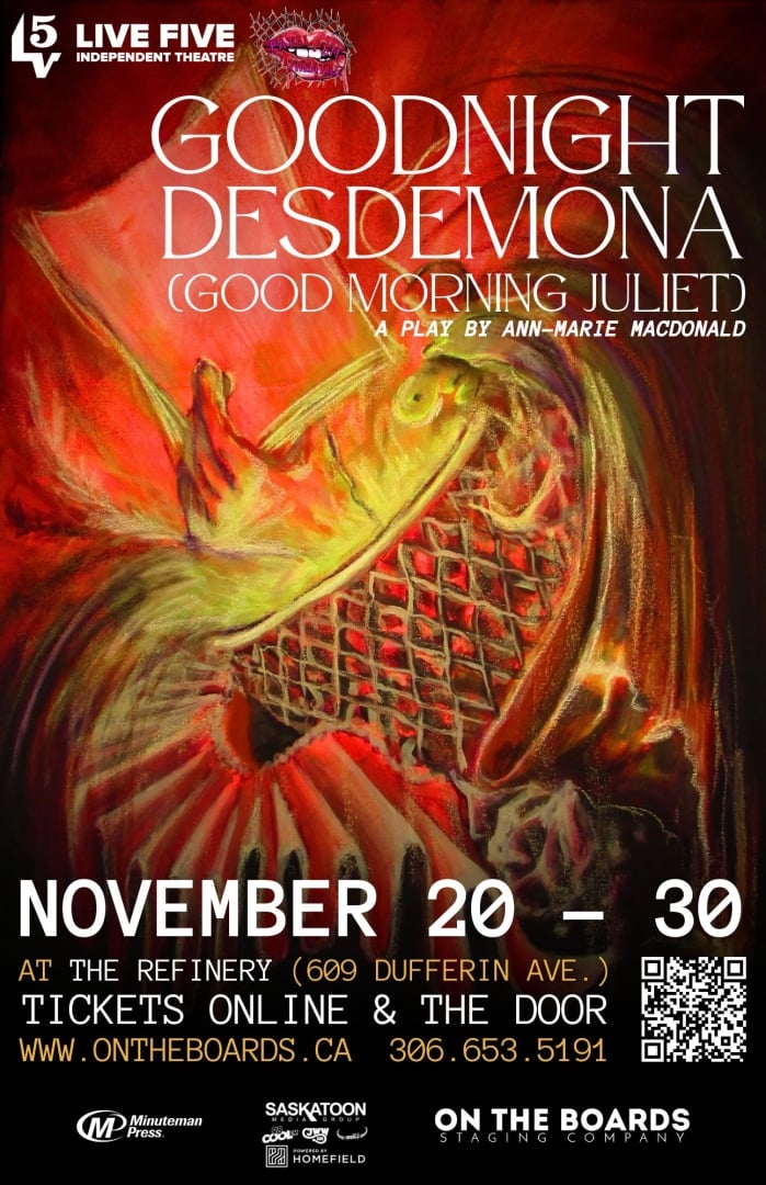 A vibrant red and yellow painted image depicting a hand grasping a manuscript, a turtle crawling towards it and a ruffled collar from Shakespearean times. Layered over top of the painting are the details for the show Goodnight Desdemona (Good Morning Juliet).