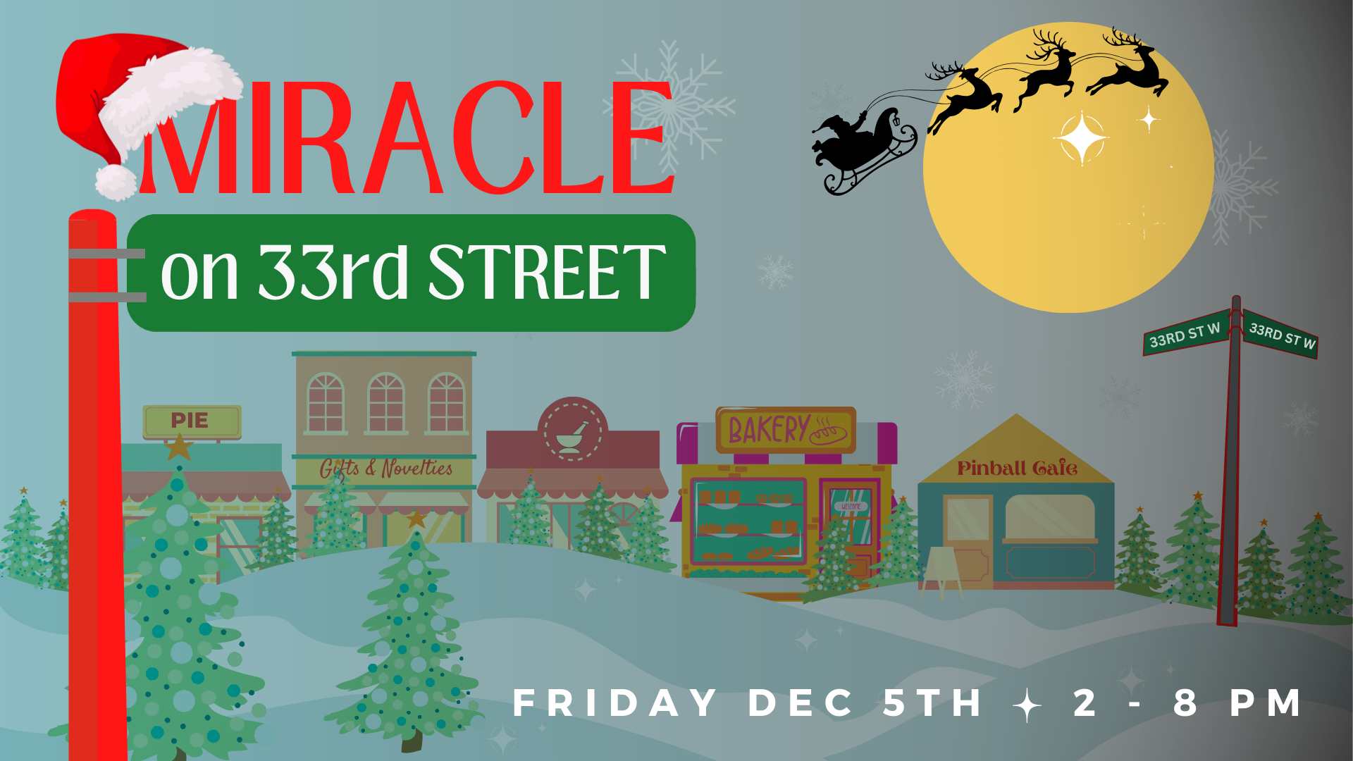 Serene evening streetscape with Santa's sleigh flying overhead and a street post that says "Miracle on 33rd Street".
