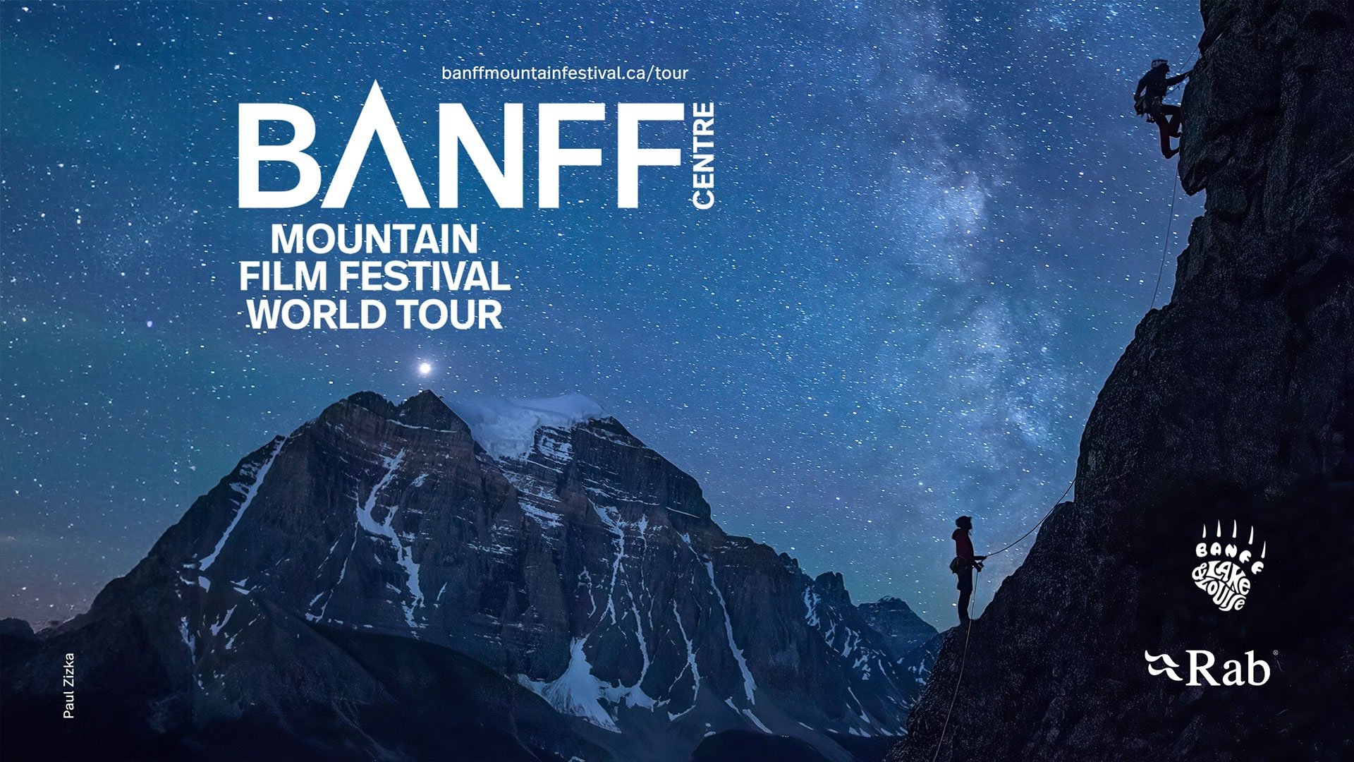 An image of two people mountain climbing at night with the text "Banff Centre Mountain Film Festival World Tour".