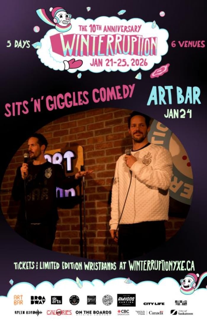 Image of the WTPN YXE 2026 Music Festical for the bands: Sits 'n' Giggles at the ART BAR. Shows image of two people holding mics and looking out to the crowd.