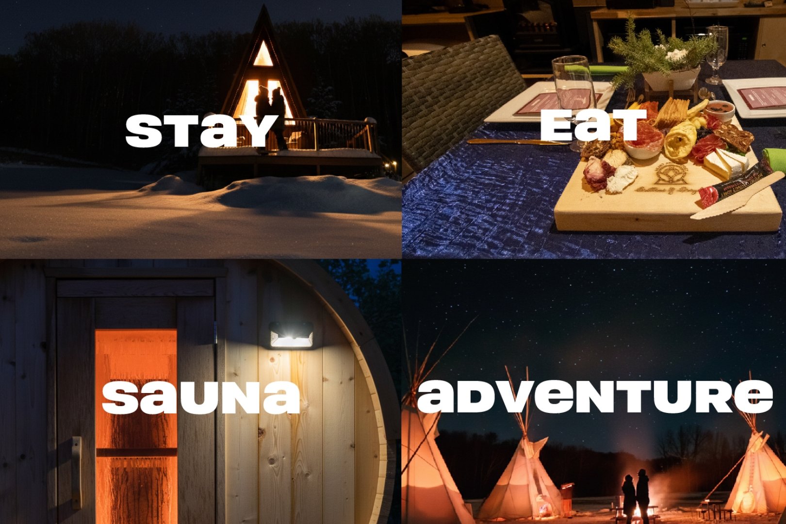 Images that depict stay, eat, sauna, and adventure are in a grid behind text that reads as those categories. 