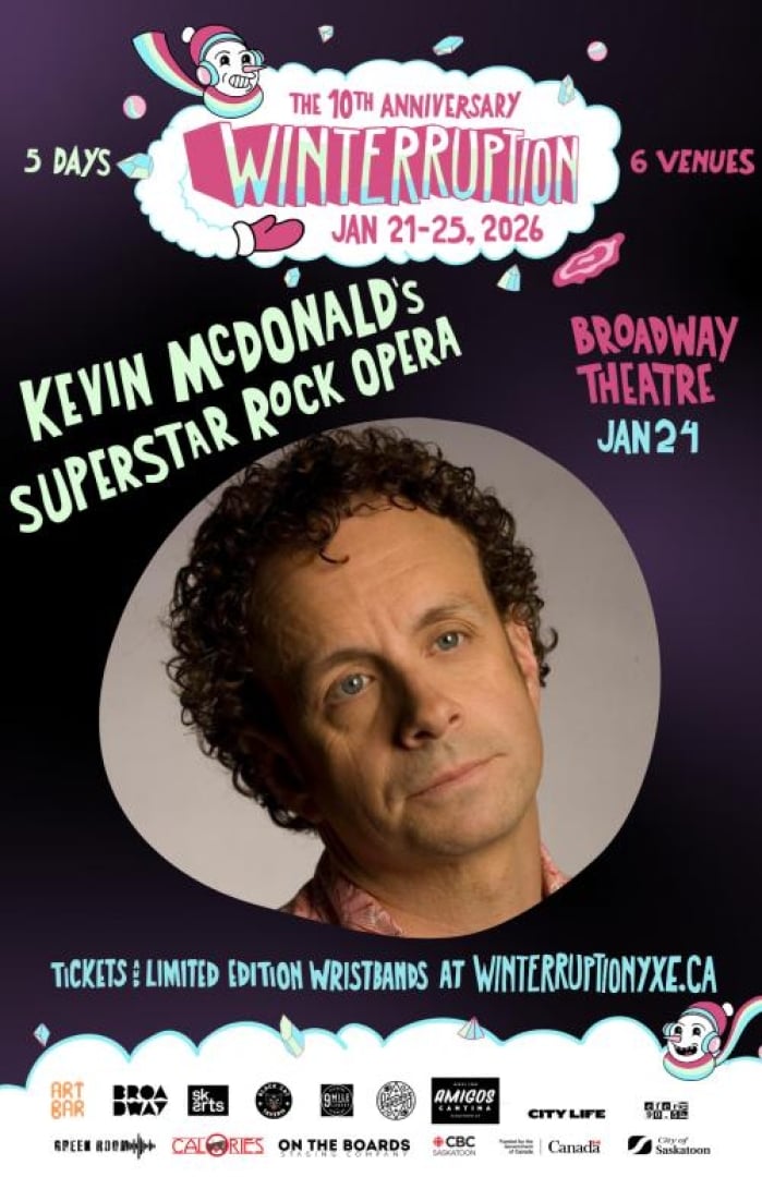 Image of the WTPN YXE 2026 Music Festical for the bands: Kevin Mcdonald's SUPERSTAR Rock Opera at the broadway theatre. SHows image of Kevin Mcdonald looking in the distance, looking soleum. 