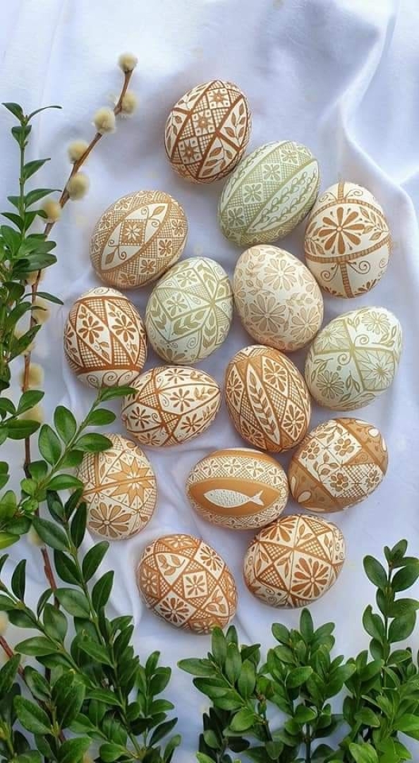 Pile of etched pysanka eggs