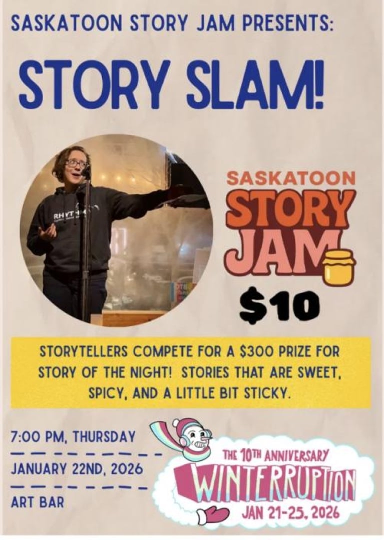 Image of the WTPN YXE 2026 Music Festical for the bands: Saskatoon Story Jam Presents: STORY SLAM! Image includes someone standing in front of a mic and pointing out to the crowd. 
