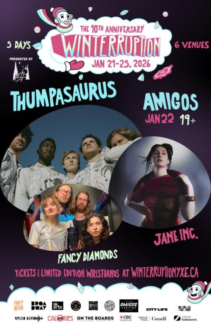 Image of the WTPN YXE 2026 Music Festical for the bands: Thumpasauras, Jane INC. & Fancy Diamonds at Amigo's Cantina (19+).