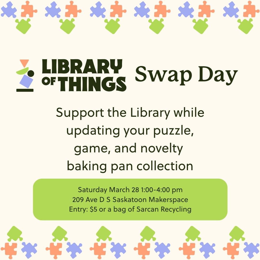 Image shows a poster displaying advertisement for the upcoming Library Swap Day happening March 28 from 1-4 at 209 Ave D s