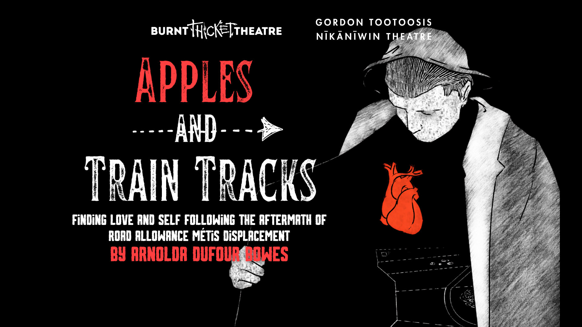 Burnt Thicket Theatre and Gordon Tootoosis Nikaniwin Theatre present Apples and Train Tracks: Finding love and self following the aftermath of Road Allowance Métis displacement. By Arnolda Dufour Bowes. An illustration of a man holding open his jacket, showing his heart with the trail of a road leading to it.