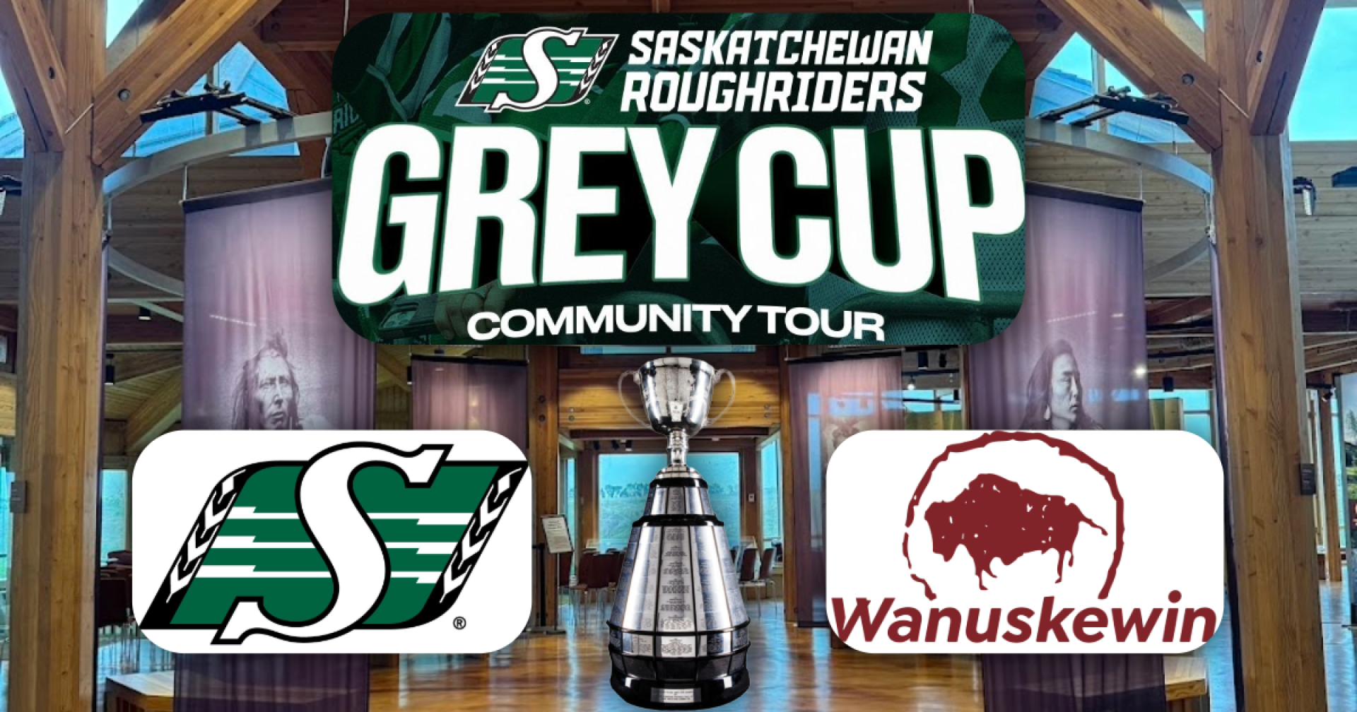 Promotional graphic for the Saskatchewan Roughriders Grey Cup Community Tour with the Roughrider logo and Wanuskewin logo.