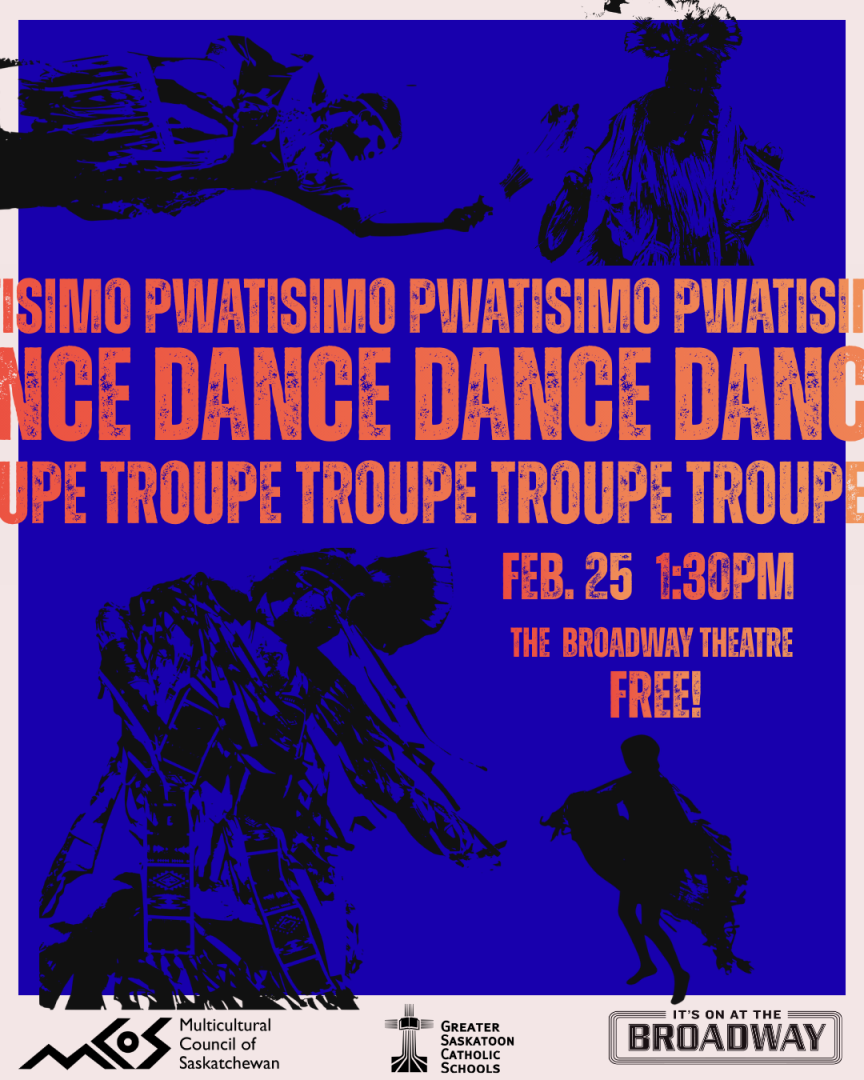 Blue and black poster of PWATISIMIO Indigenous Youth Dancers.