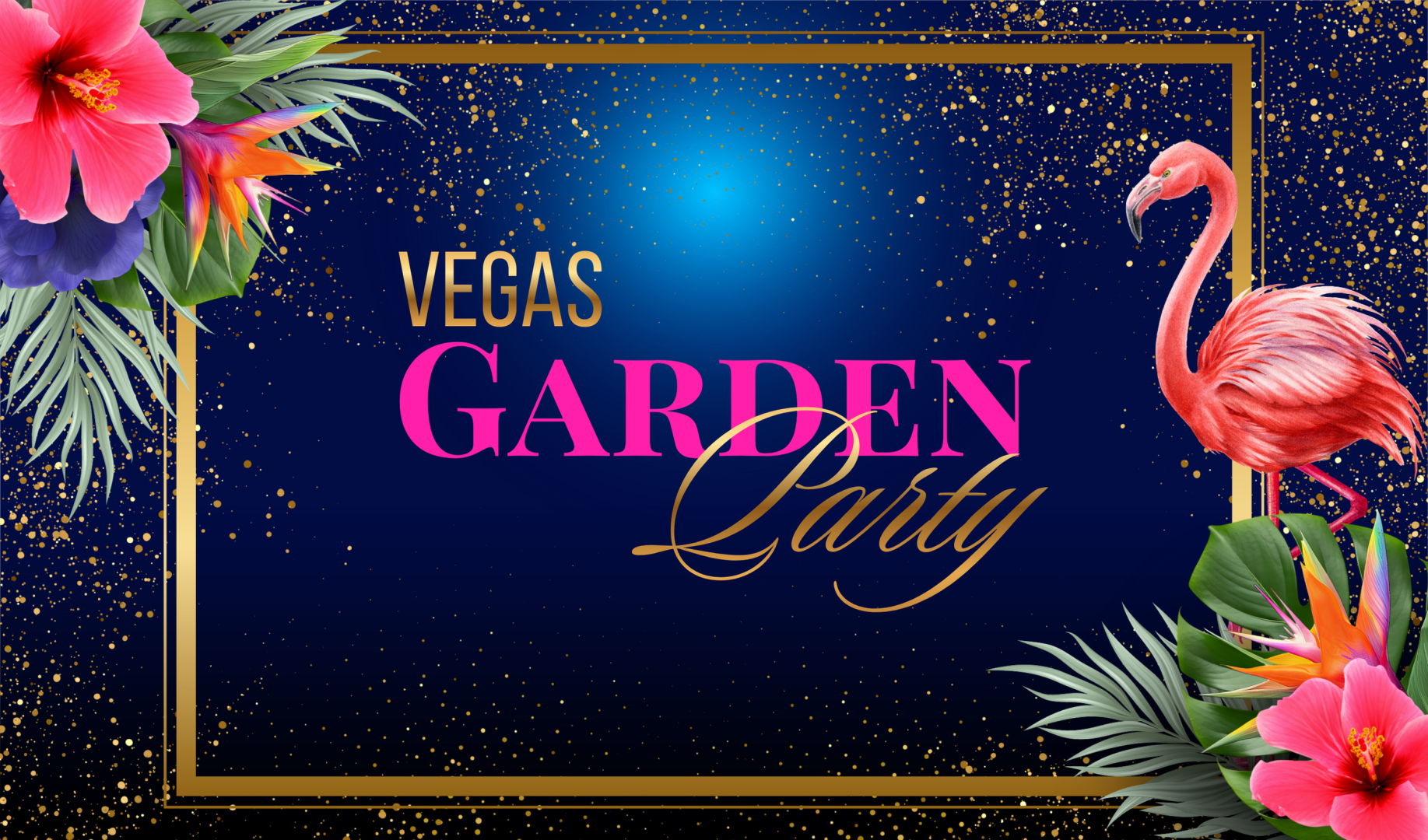 Vegas Garden Party logo with tropical plants and flowers in two corners and a flamingo on the right side