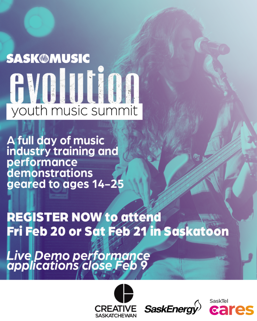 Image of young woman playing bass, SaskMusic Evolution Youth Music Summit, and additional text from the description box.