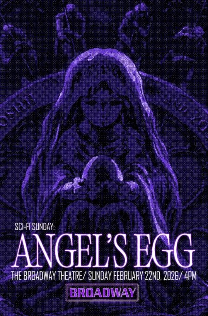 Image of a still from the movie Angel's Egg. Depicts a girl with long hair sitting down and staring at a large egg in her lap, with both hands holding the egg. Rest is unclear. 