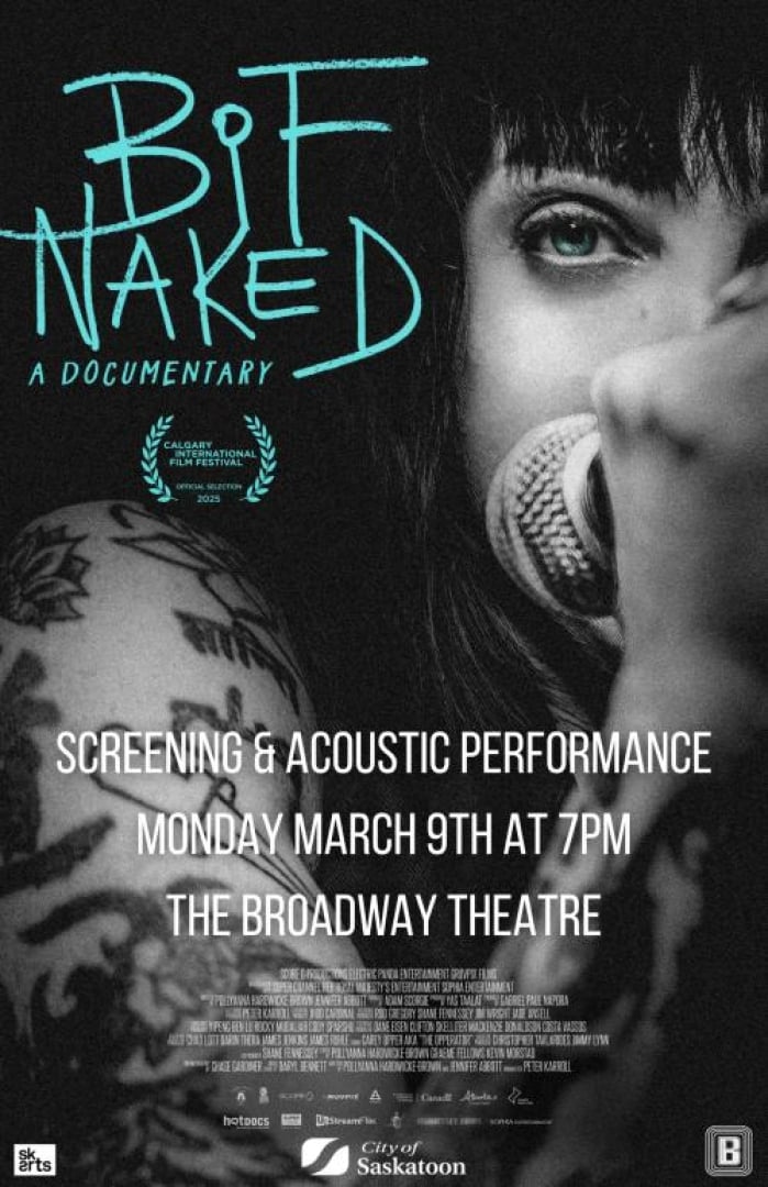 Black and white image of singer Bif Naked, with her face obstructed by a mike, and only half shown. Eyes are made blue to stand out. 