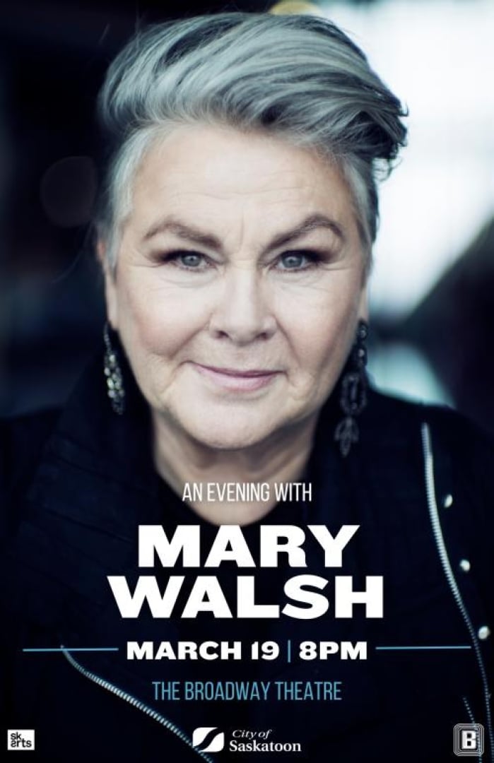 Image of comedian Mary Walsh, with a little smirk and tint on image to make everything slightly blue. 