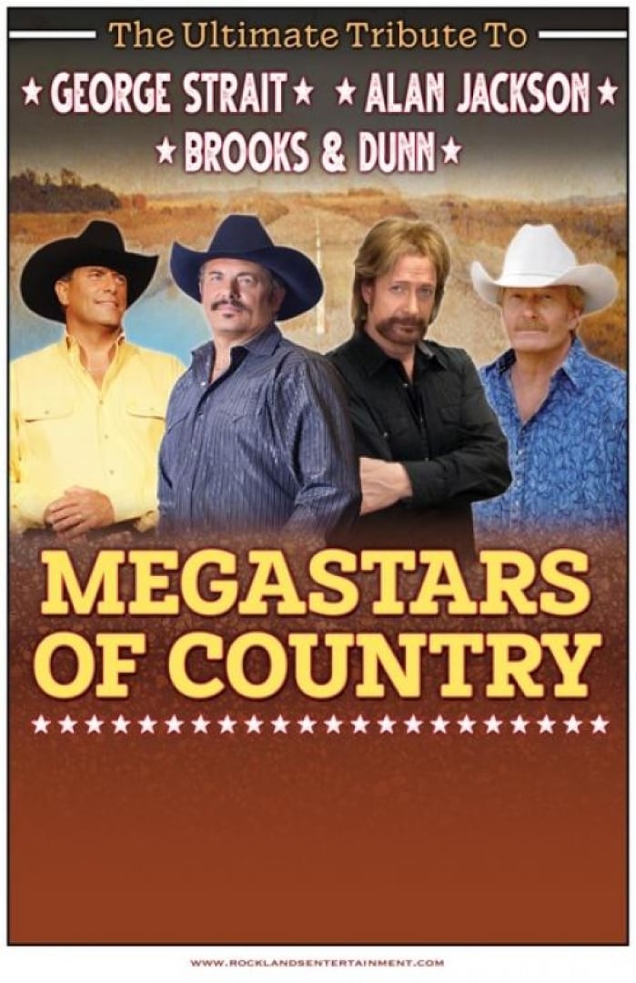 Image of 4 men dressed up like George Strait, Alan Jackson and Brooks & Dunn in front of an empty highway road. 