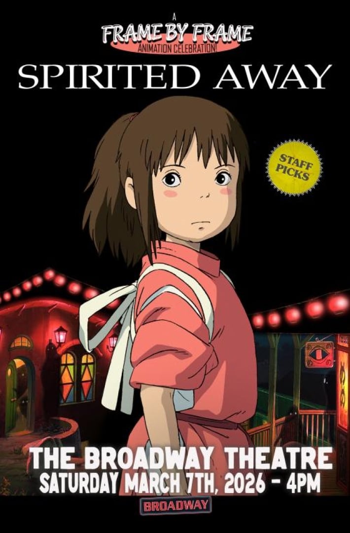 Image from the animated movie Spirited Away, with a little girl turn away but facing us, wih red lanterns behind her. 
