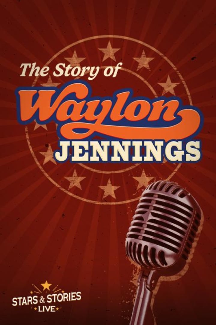 Image of an old school mic with stars in a circle surronding the name Waylon Jennings.