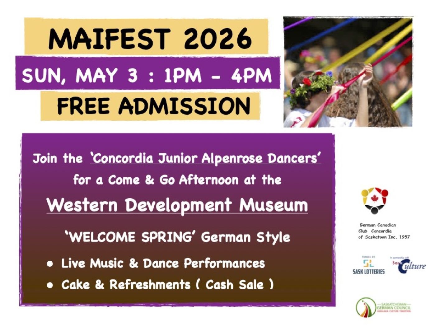 Spring Celebration at the WDM on Sunday, May 3 from 1pm-4pm. Come & Go. Cake & Coffee for Cash Sale. 