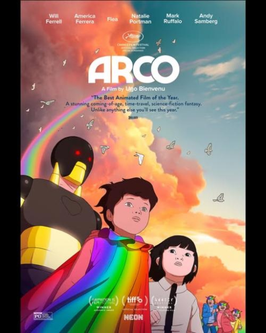 Animated image of two children besides a robot looking out into the distance. A setset with a rainbow and birds flying are behind them.