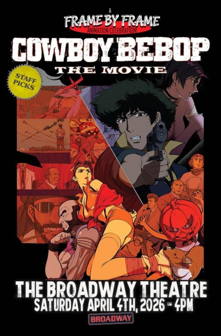 Stills from the animated cowboy bebop, with one character pointing a gun, another character tied up, another wearing a carved pumpkin on their head, a dog and more.