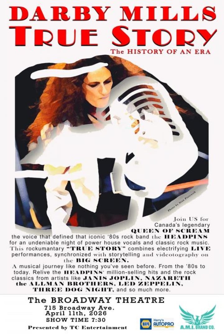 Image of Darby Mills in a painting style with a cut out of a old school mic in the painting.