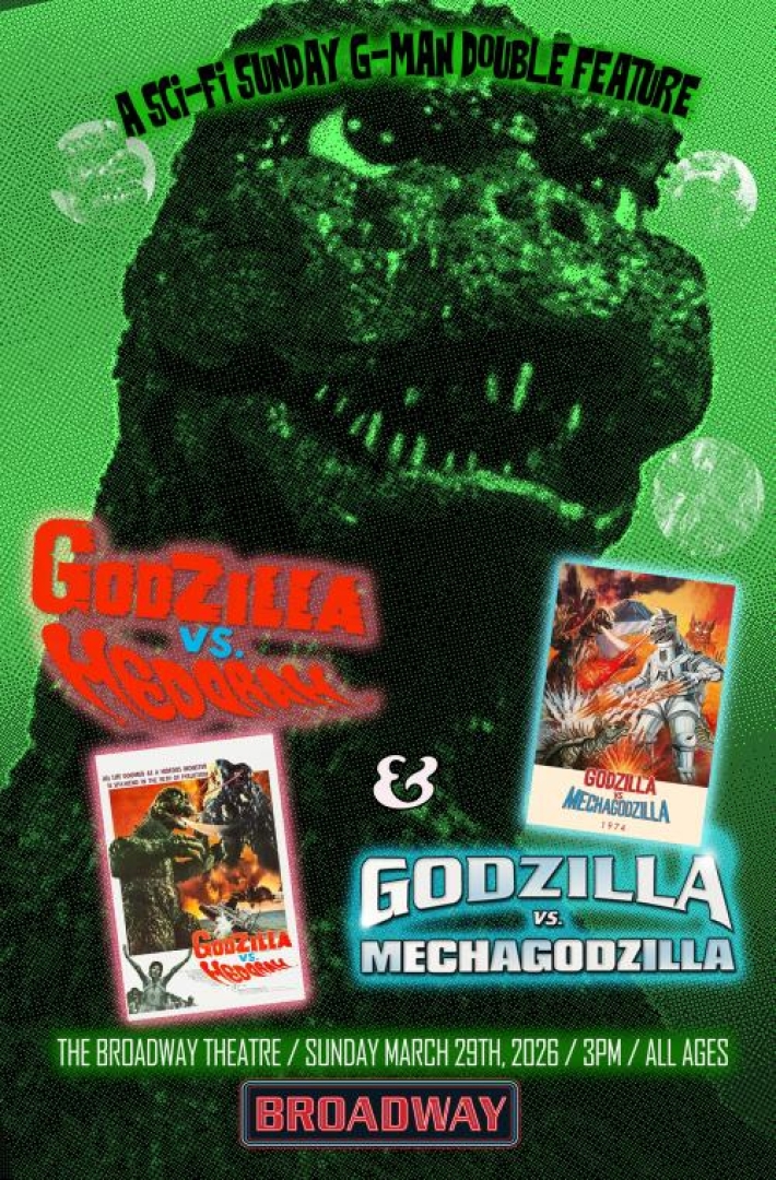 Image of godzilla from the 1970s with postes of Godzilla VS Hedorah and Godzilla VS Mechagodzilla.