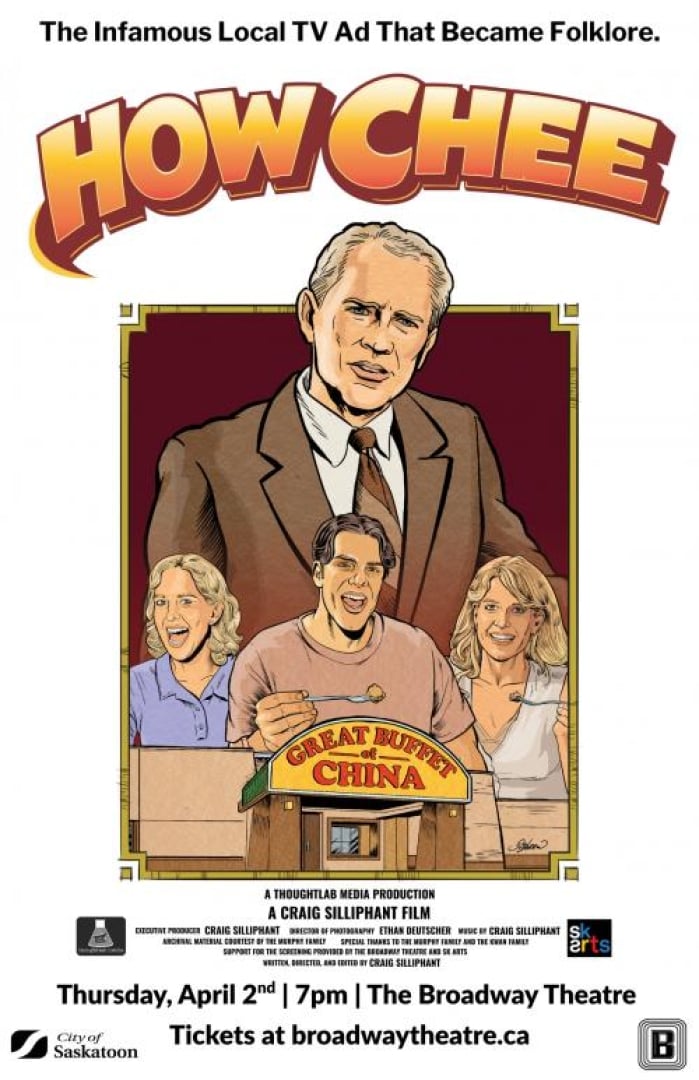 Comic book style image of the people from the How Chee commerical with the Great Buffet of China highlighted.