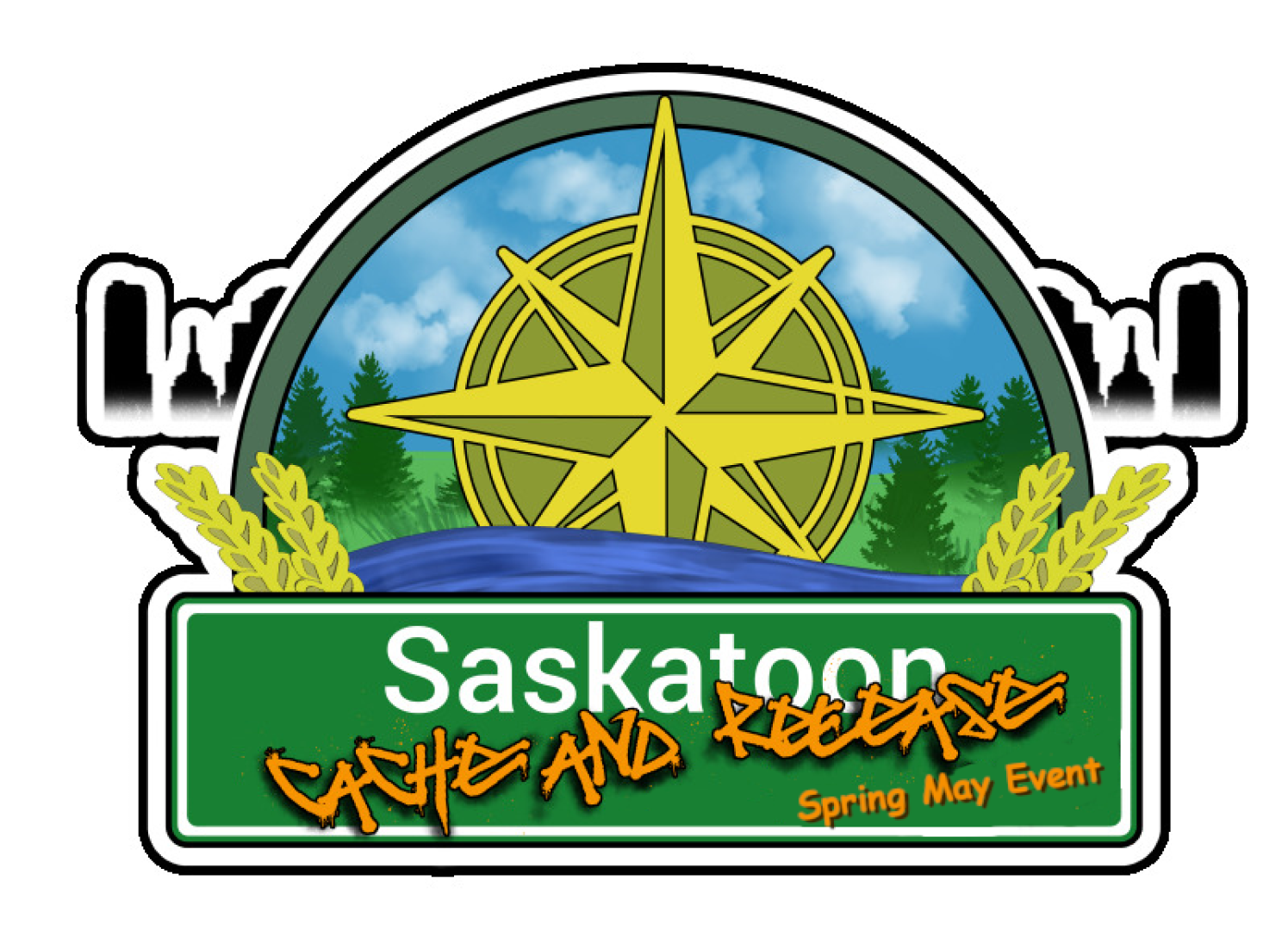 Saskatoon Cache and Release Logo for the spring May event, the first weekend after the Victoria Long Weekend
