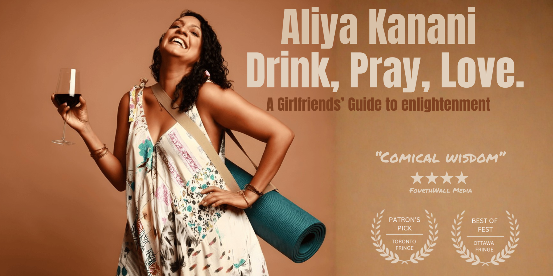 a woman, Aliya Kanani, holding a wine glass with a yoga mat strapped on her back, smiling. 