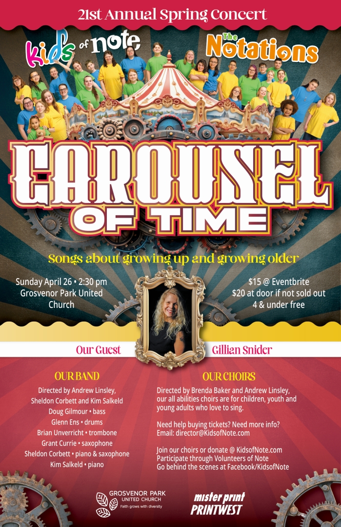 A colourful poster featuring Kids of Note & The Notations for their Carousel of Time Spring Concert