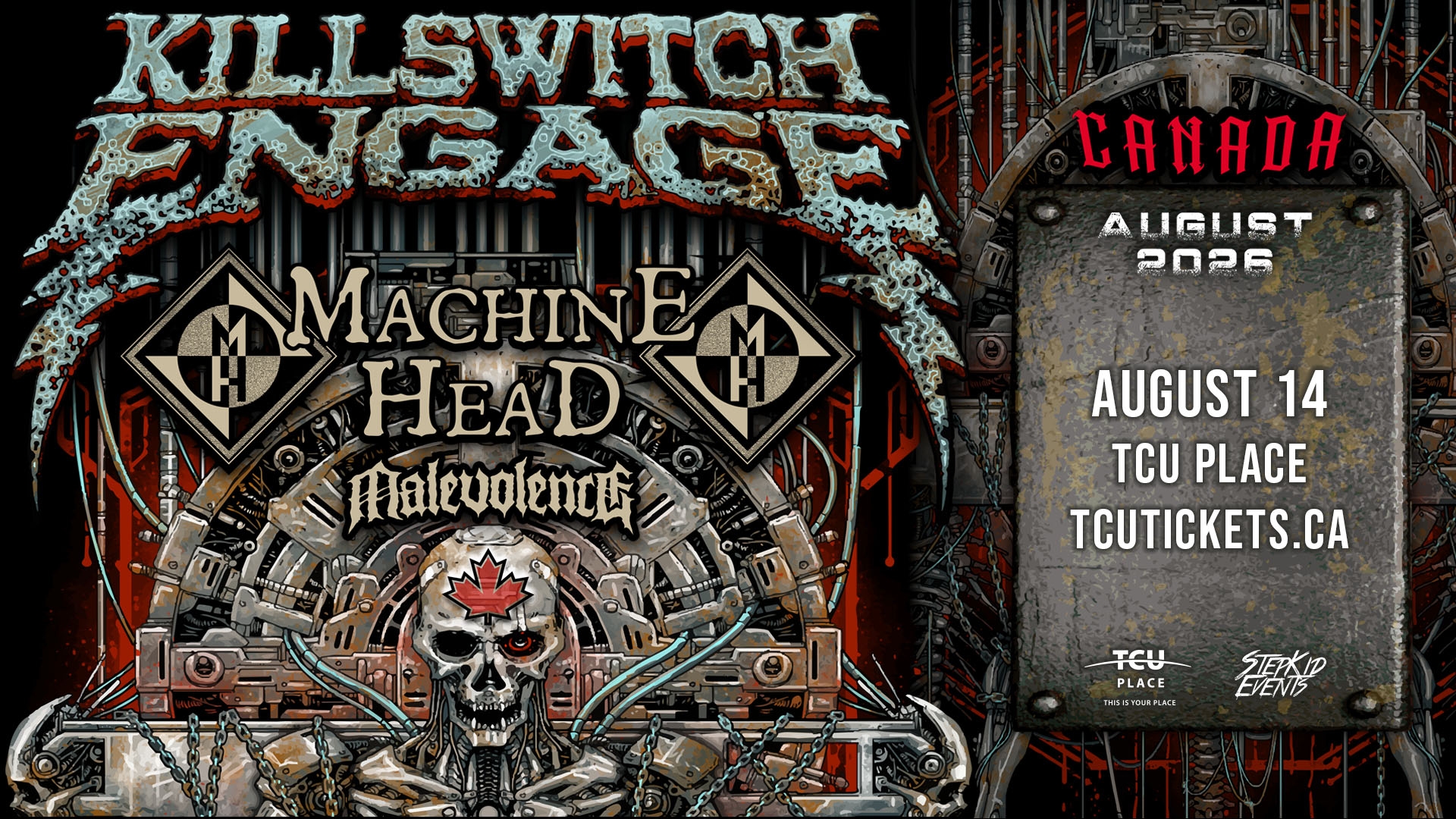 An image of a skeleton with a maple leaf carved into the forehead, announcing the tour for Killswitch Engage, Machine Head, and Malevolence at TCU Place on August 14.