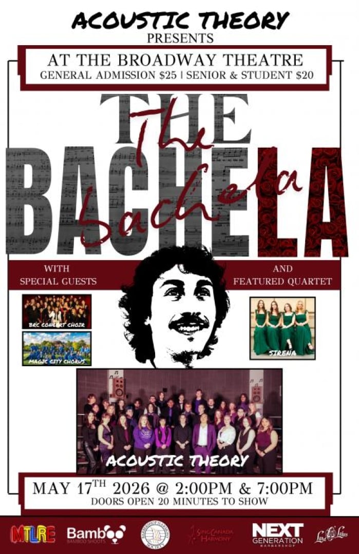 Image of a man with a moustache in black and white, and then four seperate choir groups. 