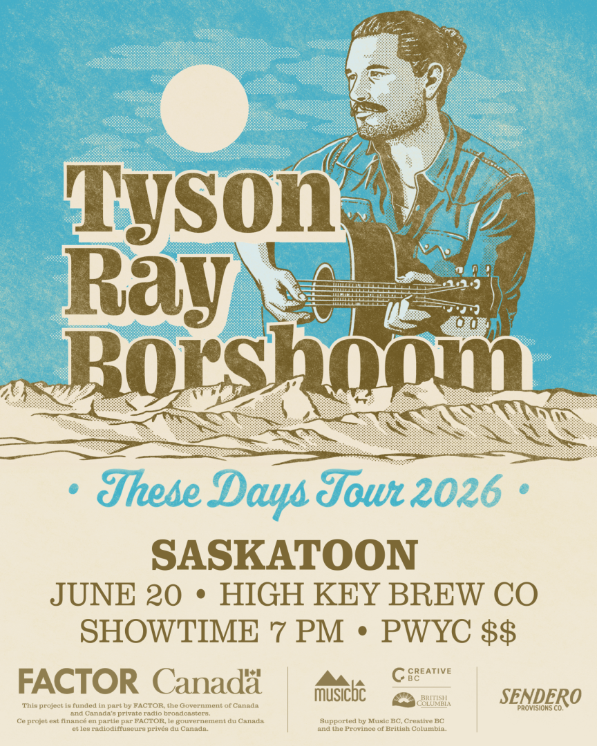 Country folk picture, mountain in background, details of show, factor and music bc supported tour