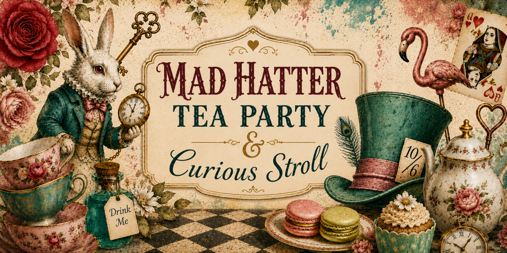 Vintage-inspired banner for EventBeat’s Mad Hatter Tea Party & Curious Stroll. The design features whimsical Alice in Wonderland elements including a white rabbit with a pocket watch, floral teacups, a Mad Hatter hat, flamingo, antique teapot, macarons, roses, and playing cards arranged around an ornate central sign. Warm parchment textures, Victorian-style details, and elegant floral accents create a magical, curious tea party atmosphere.