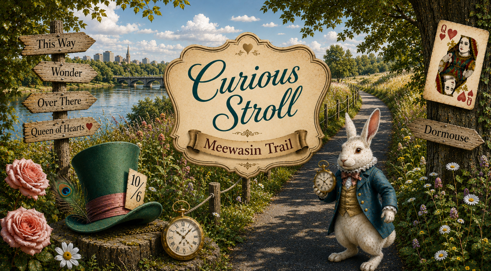 Vintage-inspired banner for EventBeat’s  Curious Stroll. The design features whimsical Alice in Wonderland elements including a white rabbit with a pocket watch, floral teacups, a Mad Hatter hat, roses, and playing cards. Warm parchment textures, Victorian-style details, and elegant floral accents create a curious  atmosphere.