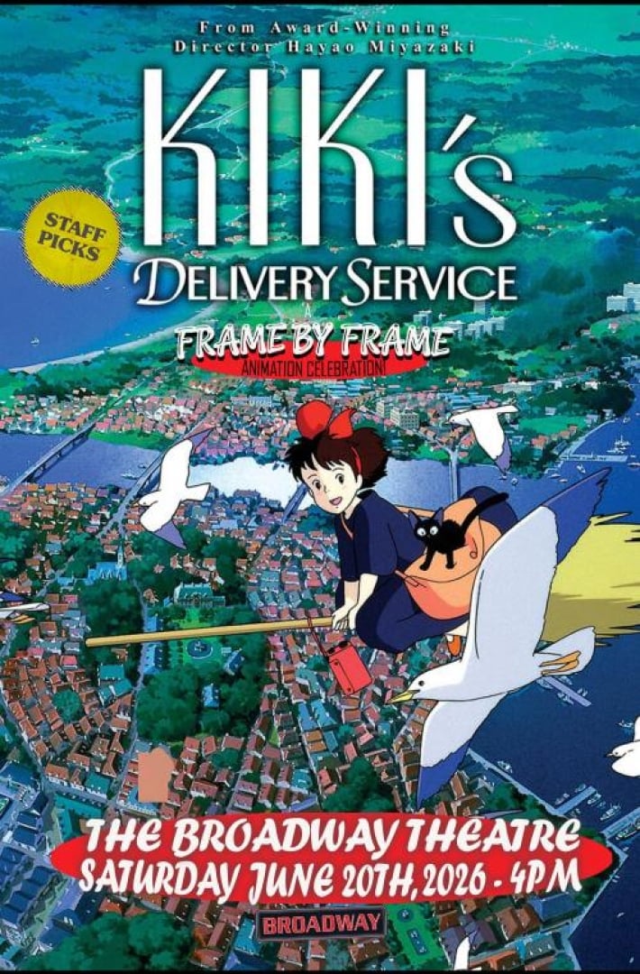 Animated still from the movie Kiki's Delivery Service, with Kiki flying in the sky on a broom stick and seagulls besides her. 