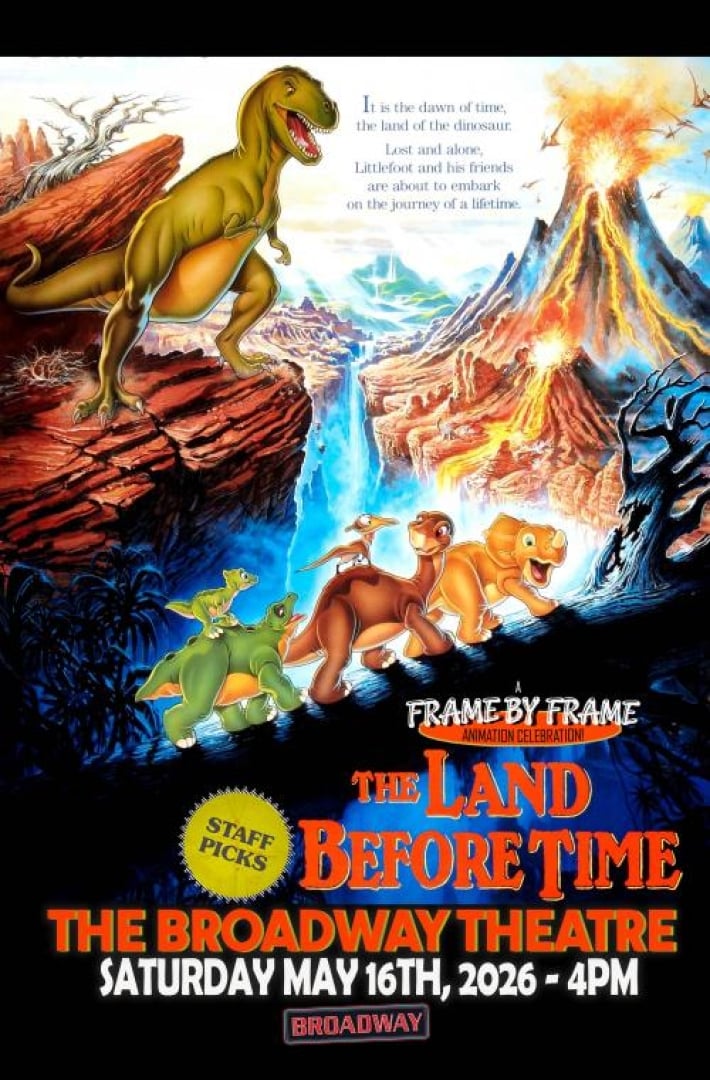 Image of the animated movie The Land Before Time, with small dinosaurs of different kinds travelling with a T-rex in the back. 