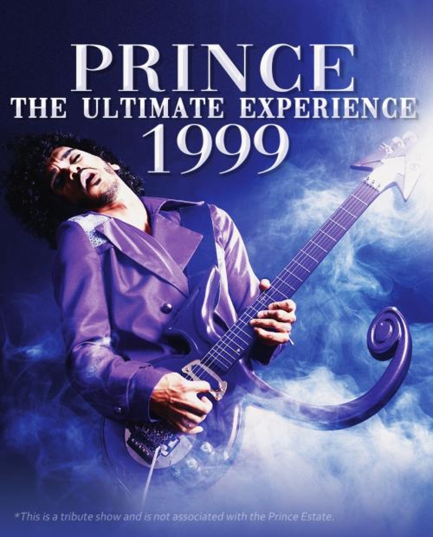 Image of tribute impersonator Prince playing the iconic guitar with smoke surronded all around them. 