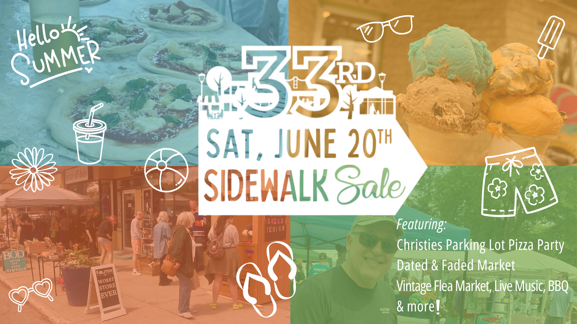 Images of 33rd Street Sidewalk Sale including pizza, ice cream, people visiting outdoor market tents, and a smiling man wearing sunglasses 