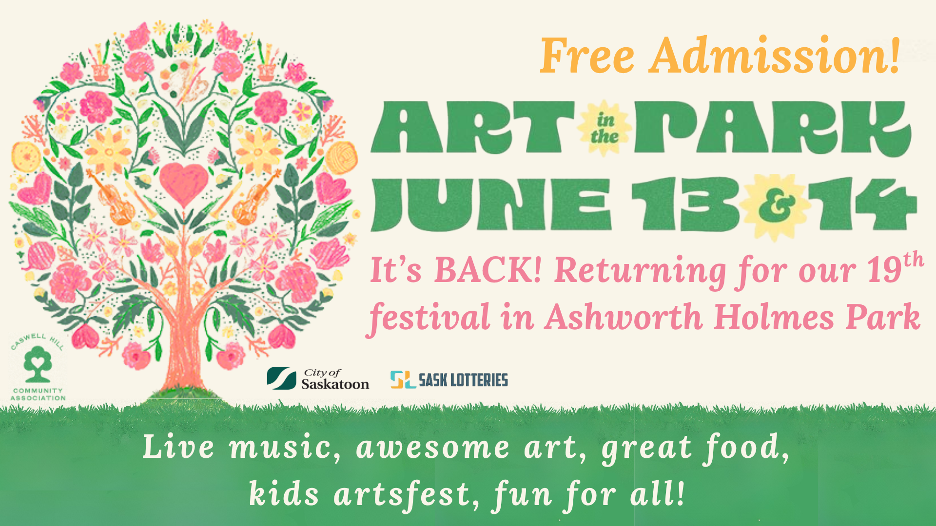 Poster for Art in the Park on June 13 & 14th featuring text and an artistic tree with artwork by Georgia Johnston.