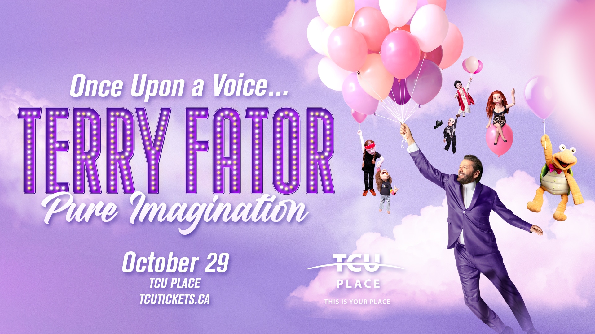An image of ventriolloquist Terry Fator holding a bouquet of balloons, surrounded by his puppets.