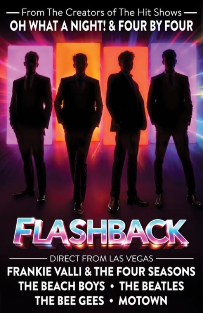 Image of four men backlit by coloured lights so it is just their figures shown, nothing else.