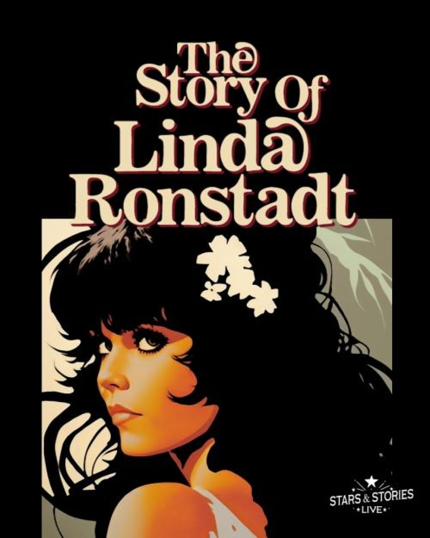 Graphic image of Linda Ronstadt looking over her shoulder. 