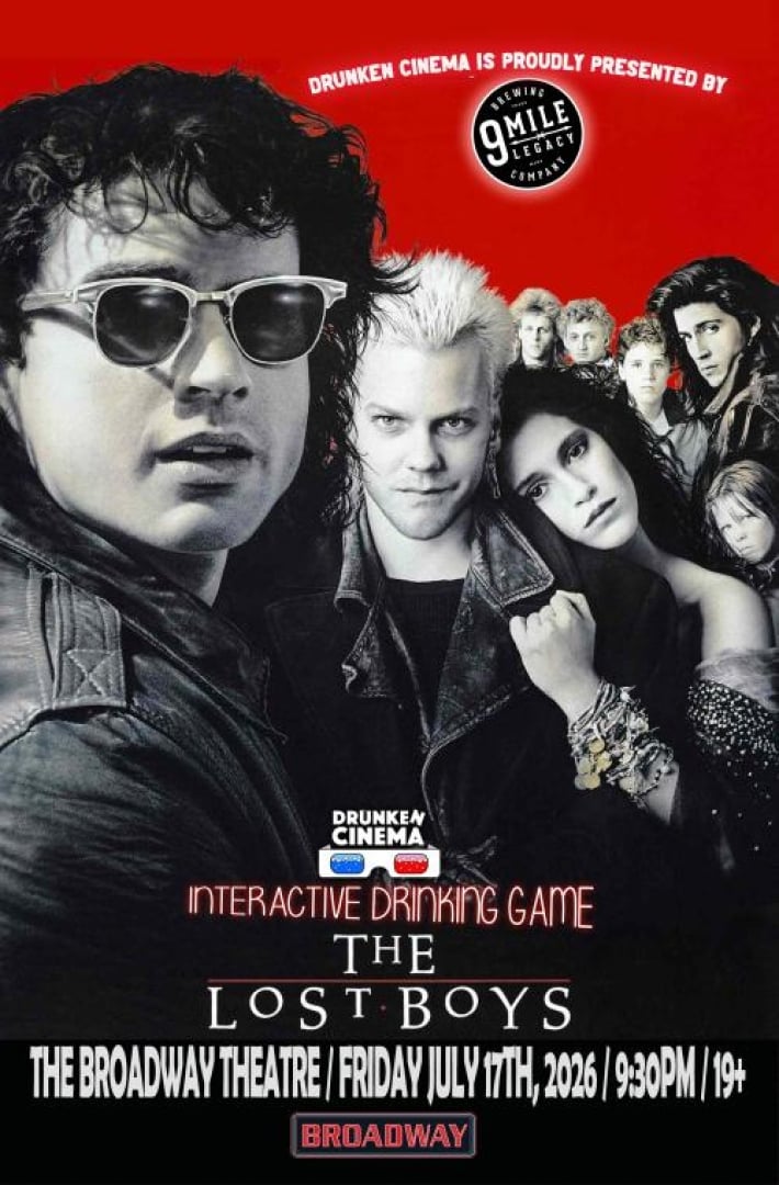 Image of the actors from the movie The Lost Boys in black and white, in contrast to a red background. They are dressed in leather jackets and jewelry.