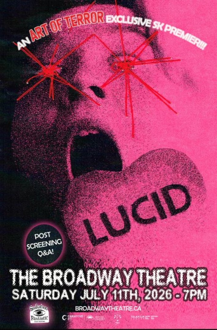 Image of someone screaming with a giant heart by their face with the words LUCID written on it. Entire image is pink and black. 