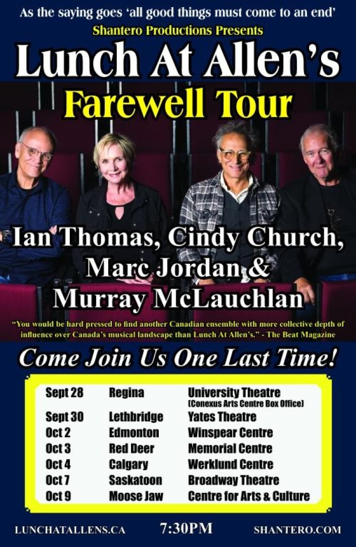 Image of the singers/actors from Lunch at Allens sitting in a theatre and smiling. 