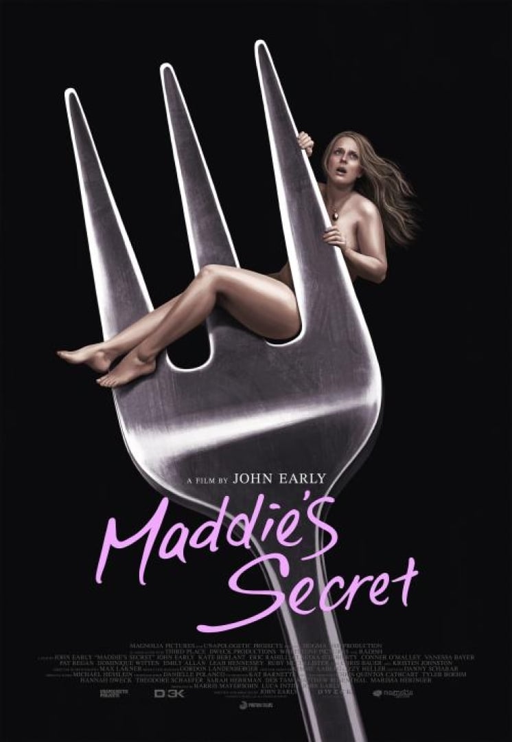 Image of comedian John Early as Maddie - a naked blonde woman hidden behind a giant fork.