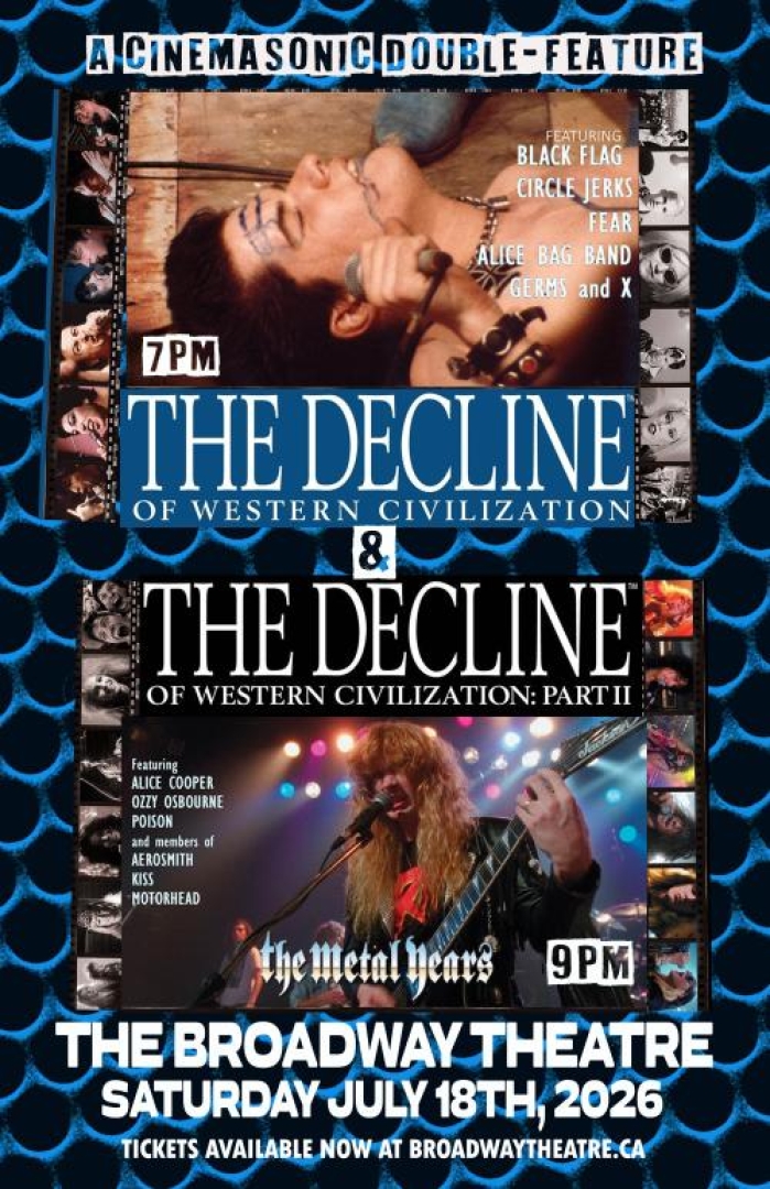 Movie stills from the movies The Decline of Western Civilization Part 1 & 2. Both stills include one singer, one a punk rock singer, and the other a metal singer.